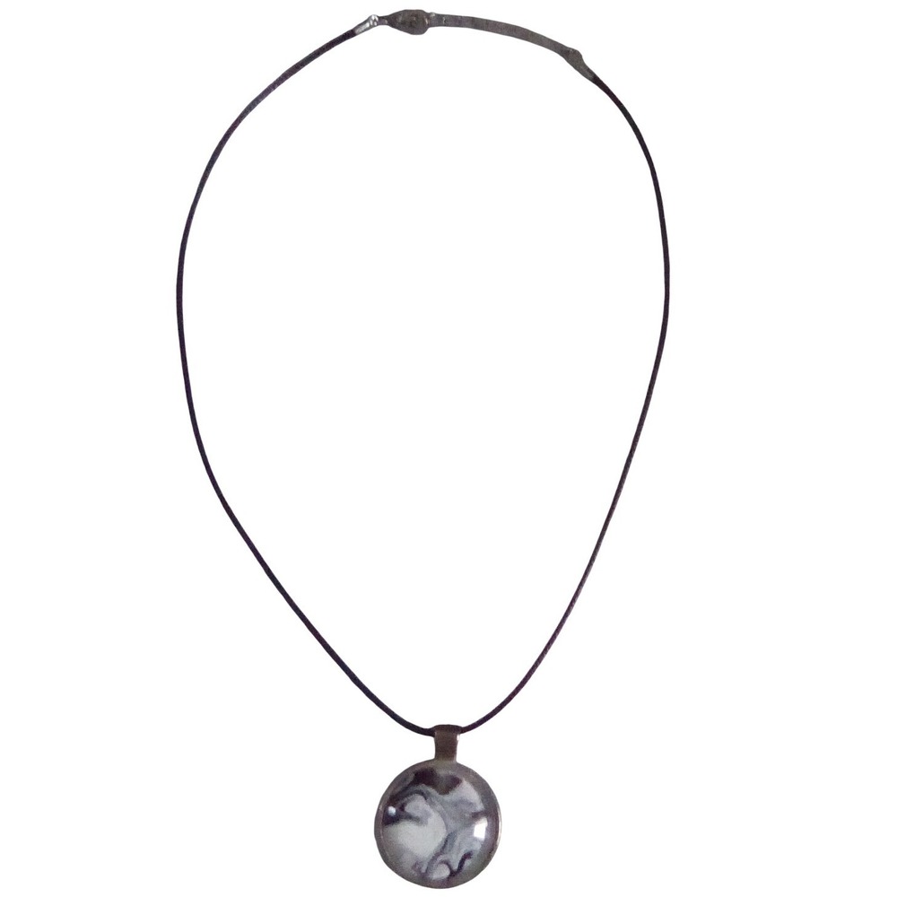 Handmade Black White Marbled Glass Pendant Necklace Bronze Tone Cord Adjustable - Picture 1 of 8